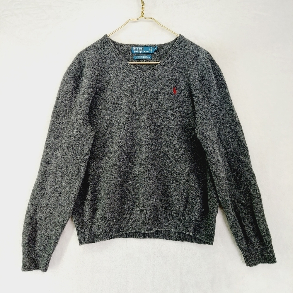 Polo by Ralph Lauren Gray & Black Long Sleeves V-Neck Pullover Sweaters 3526